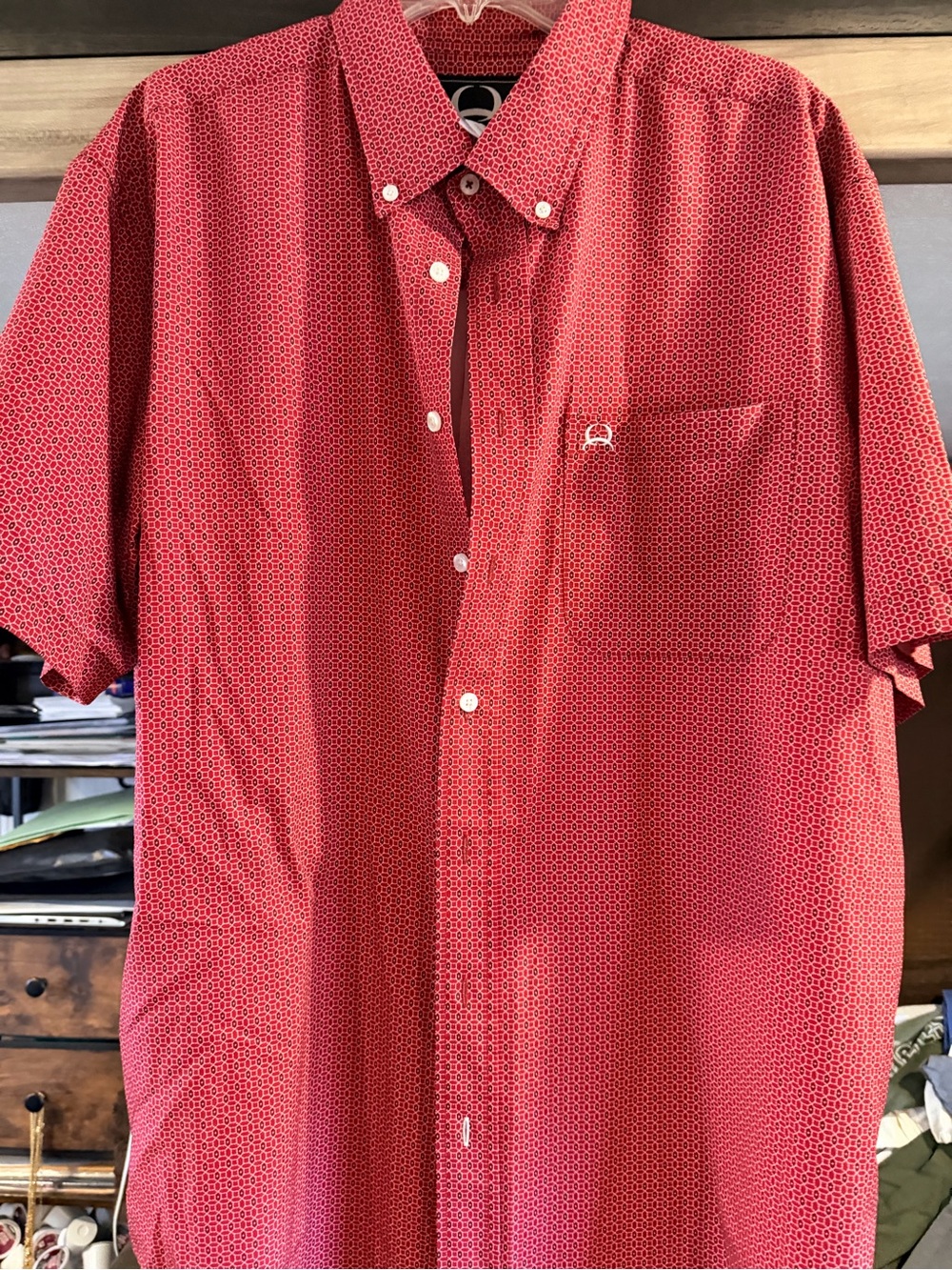 Cinch Red Short-Sleeve Button-Down Shirt with Micro Pattern